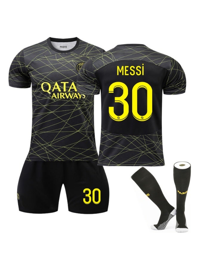 PSG 2022-2023 باريس ثلاثة بعيدا زي كرة القدم #30 ميسي كرة القدم جيرسي السراويل الجوارب مجموعة الأطفال حجم والكبار حجم الهدايا للجماهير والأصدقاء - Image 1